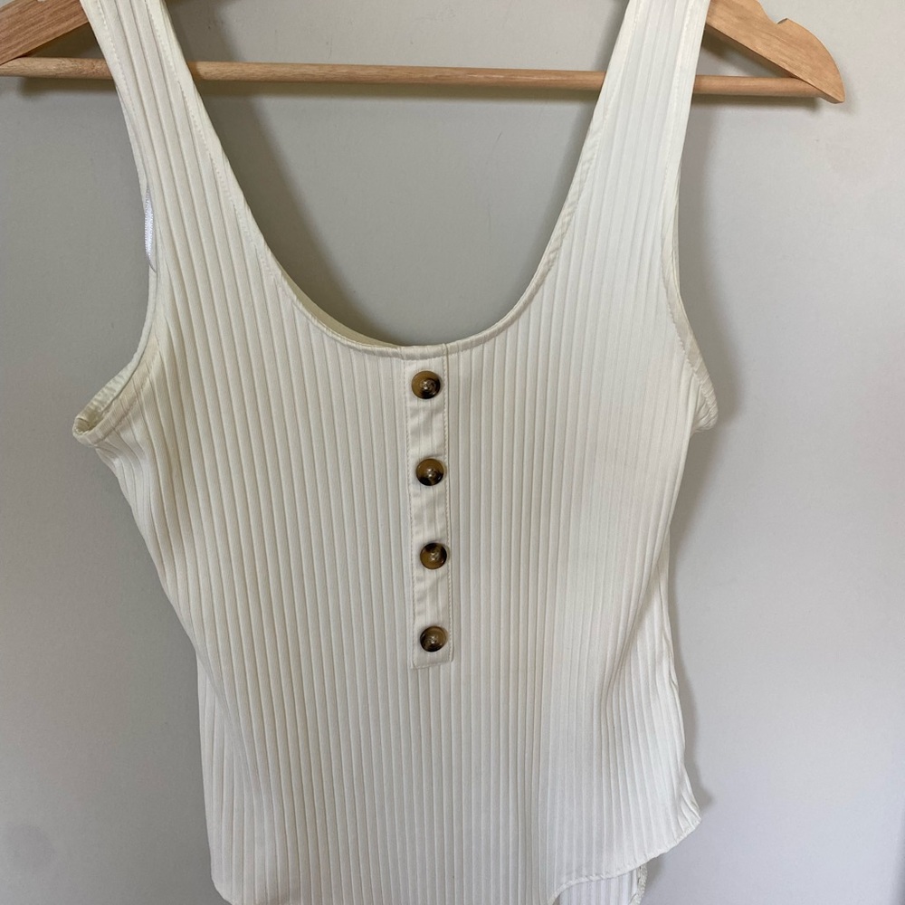 Cream Ribbed Button-Down Body Suit